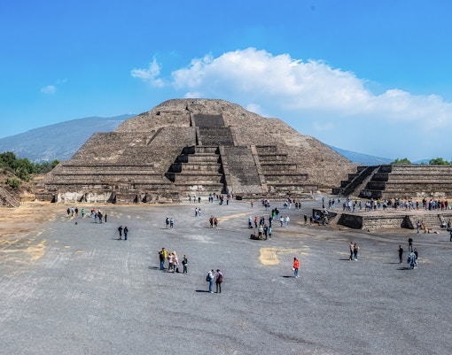 Teotihuacan's Avenue of the Dead with Pyramid of the moon in Mexico.
