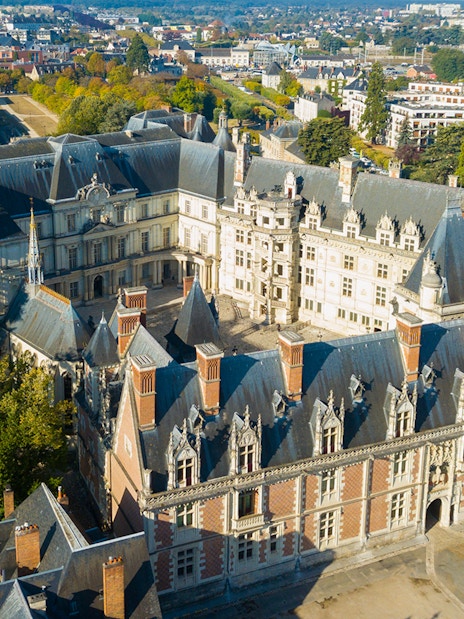 Aerial view of Blois Castle in France, showcasing its Renaissance architecture and surrounding town.