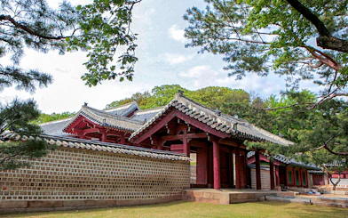 Traditional Korean architecture at a historic site in Dongdaemun, Seoul, on the Yellow Balloon City Bus tour.