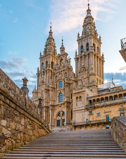 Santiago De Compostela Cathedral facade with twin towers, Galicia, Spain.
