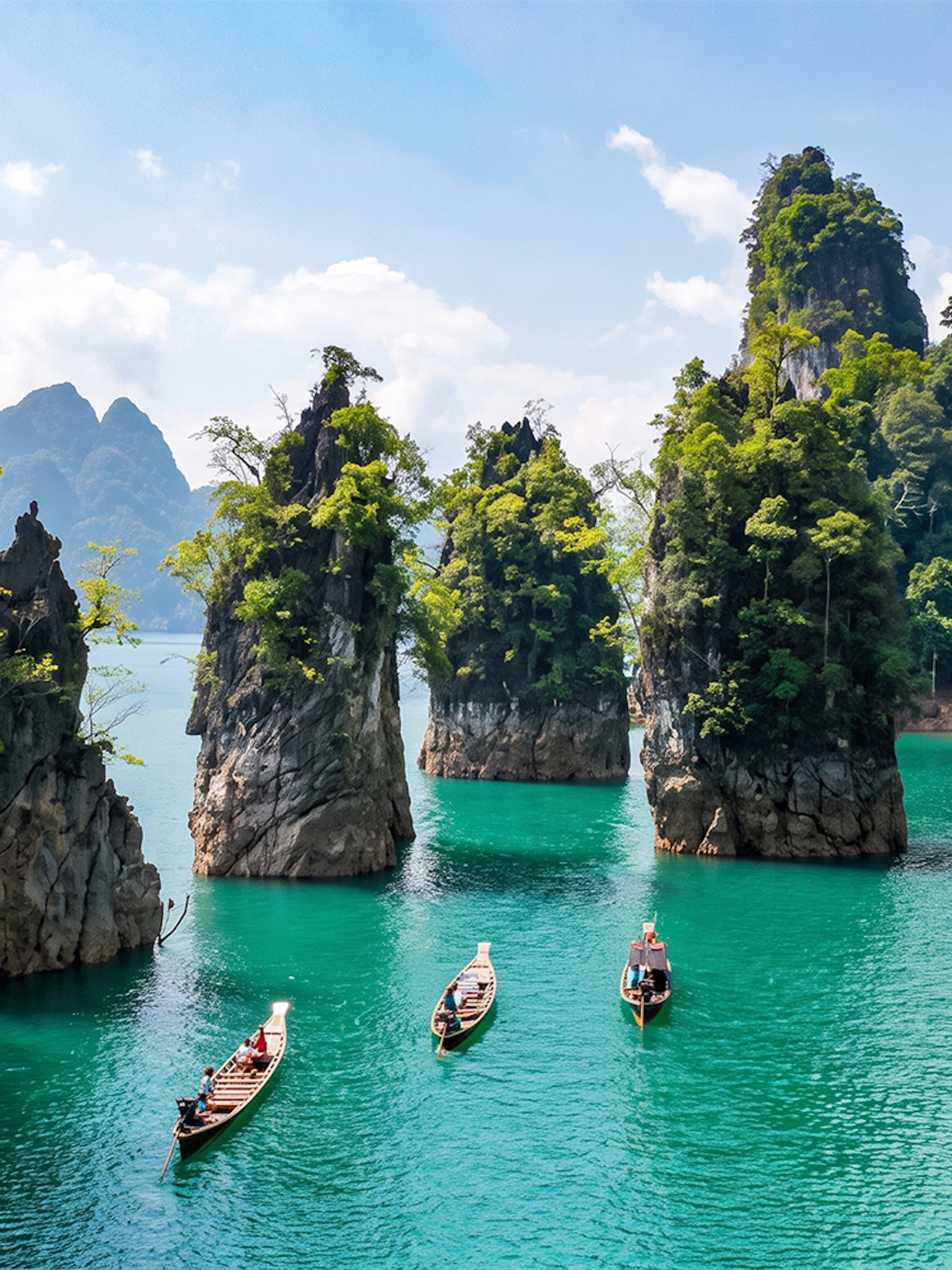 Boats on Cheow Lan Lake surrounded by limestone cliffs and lush jungle in Krabi, Thailand.