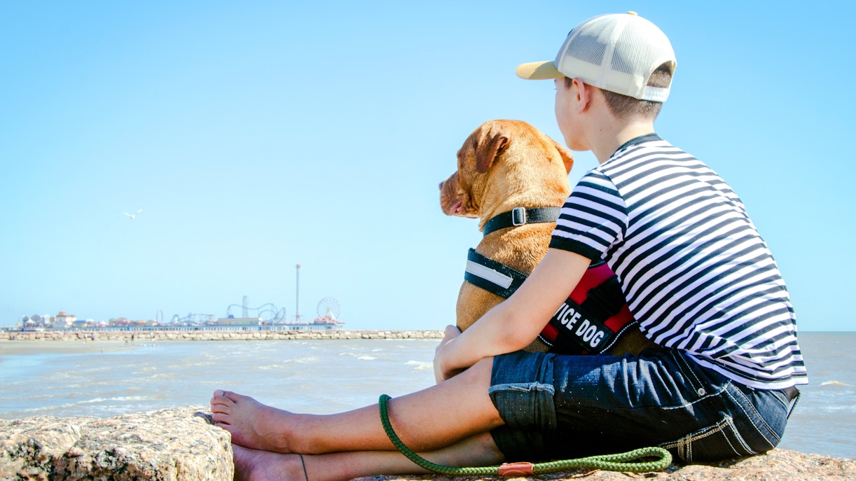 Boy with service dog sitting on rocks overlooking ocean at Secret Island Beach, Kualoa Ranch.