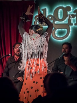 Flamenco dancer performing on stage in Málaga with musicians in the background.