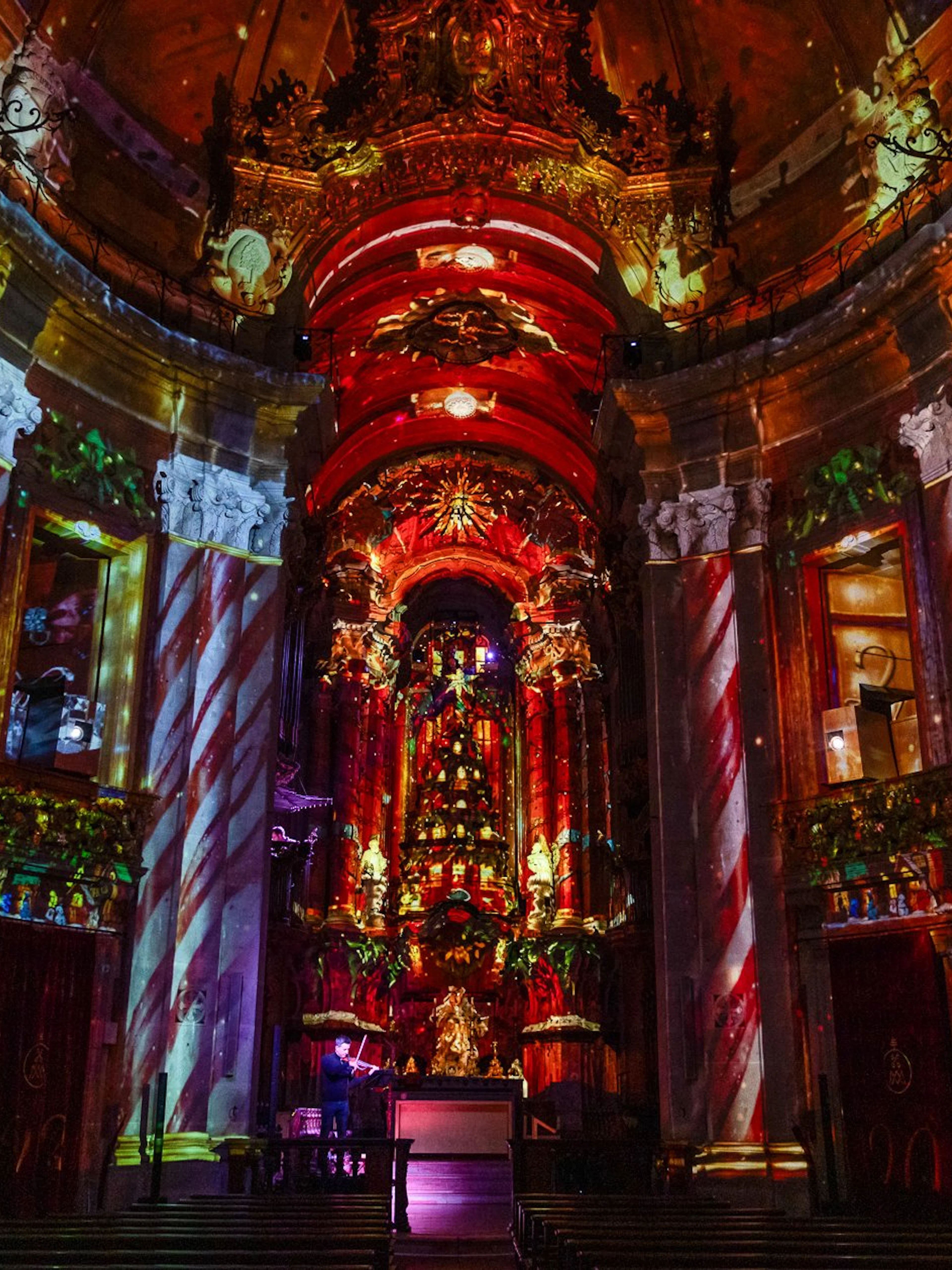 Light projections inside Clérigos Church during the Spiritus show in Porto.