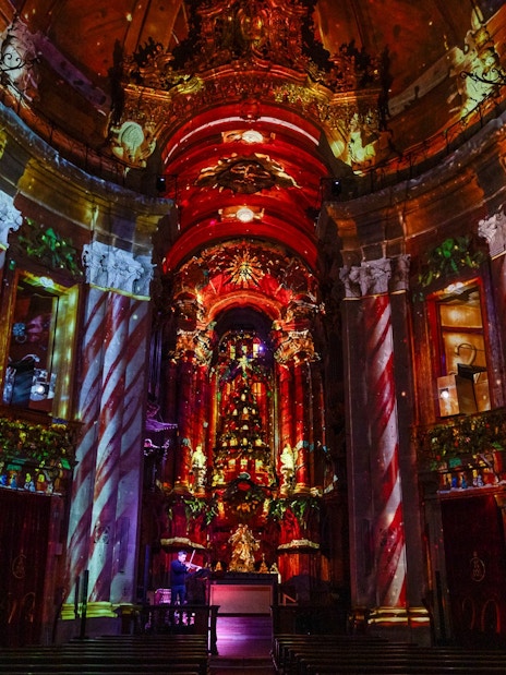 Light projections inside Clérigos Church during the Spiritus show in Porto.