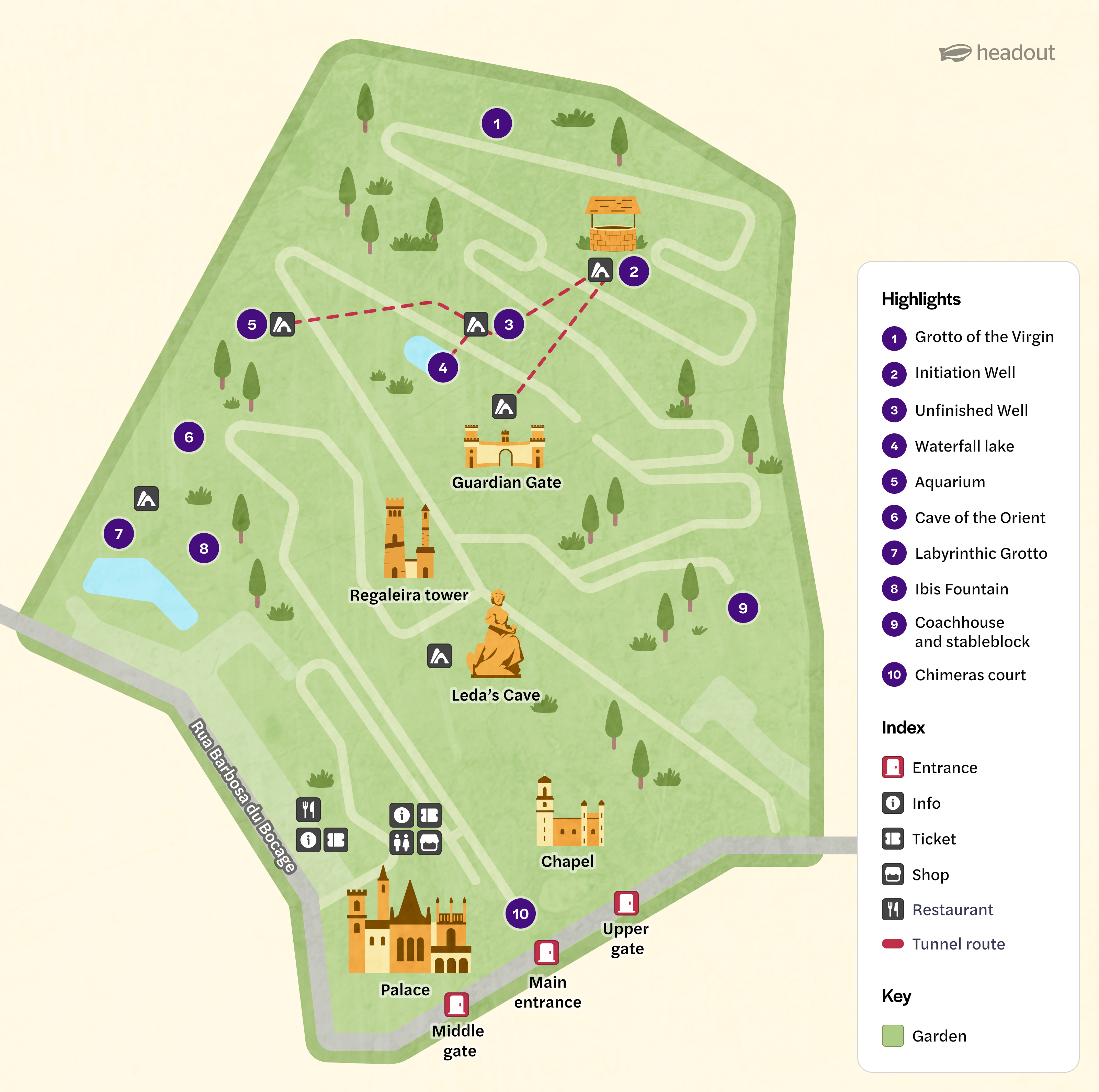 Quinta da Regaleira map highlighting Grotto of the Virgin, Initiation Well, and Regaleira Tower.