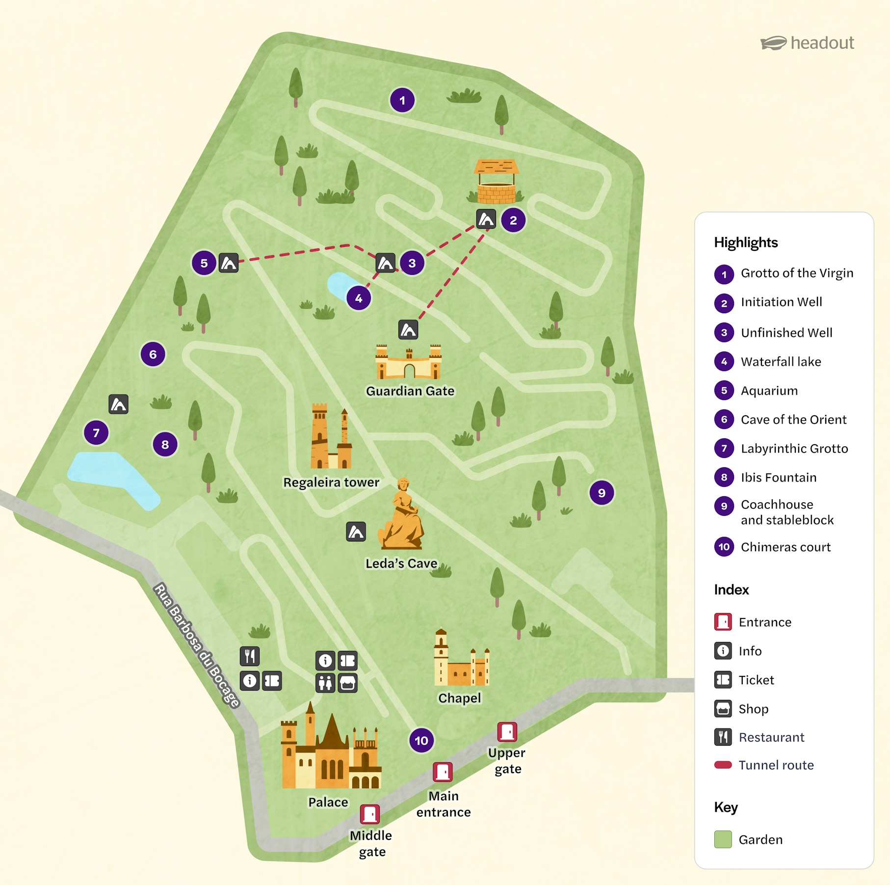 Quinta da Regaleira map highlighting Grotto of the Virgin, Initiation Well, and Regaleira Tower.
