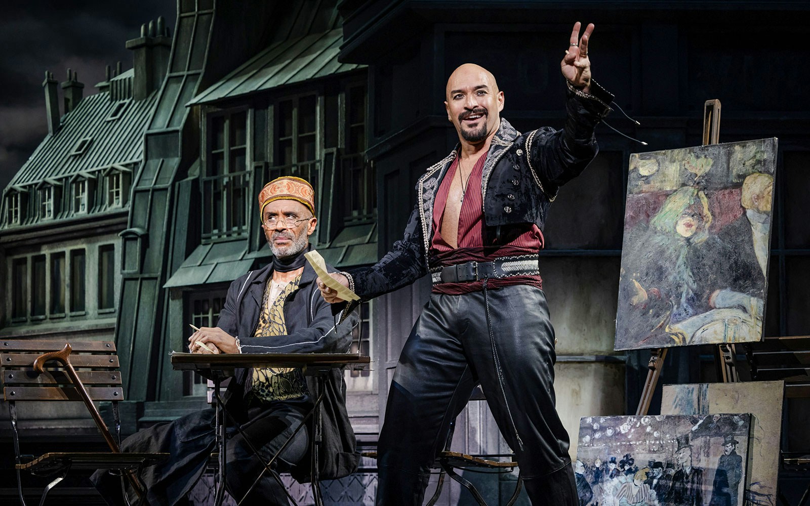 Stage scene from Moulin Rouge! The Musical West End with actors in period costumes.