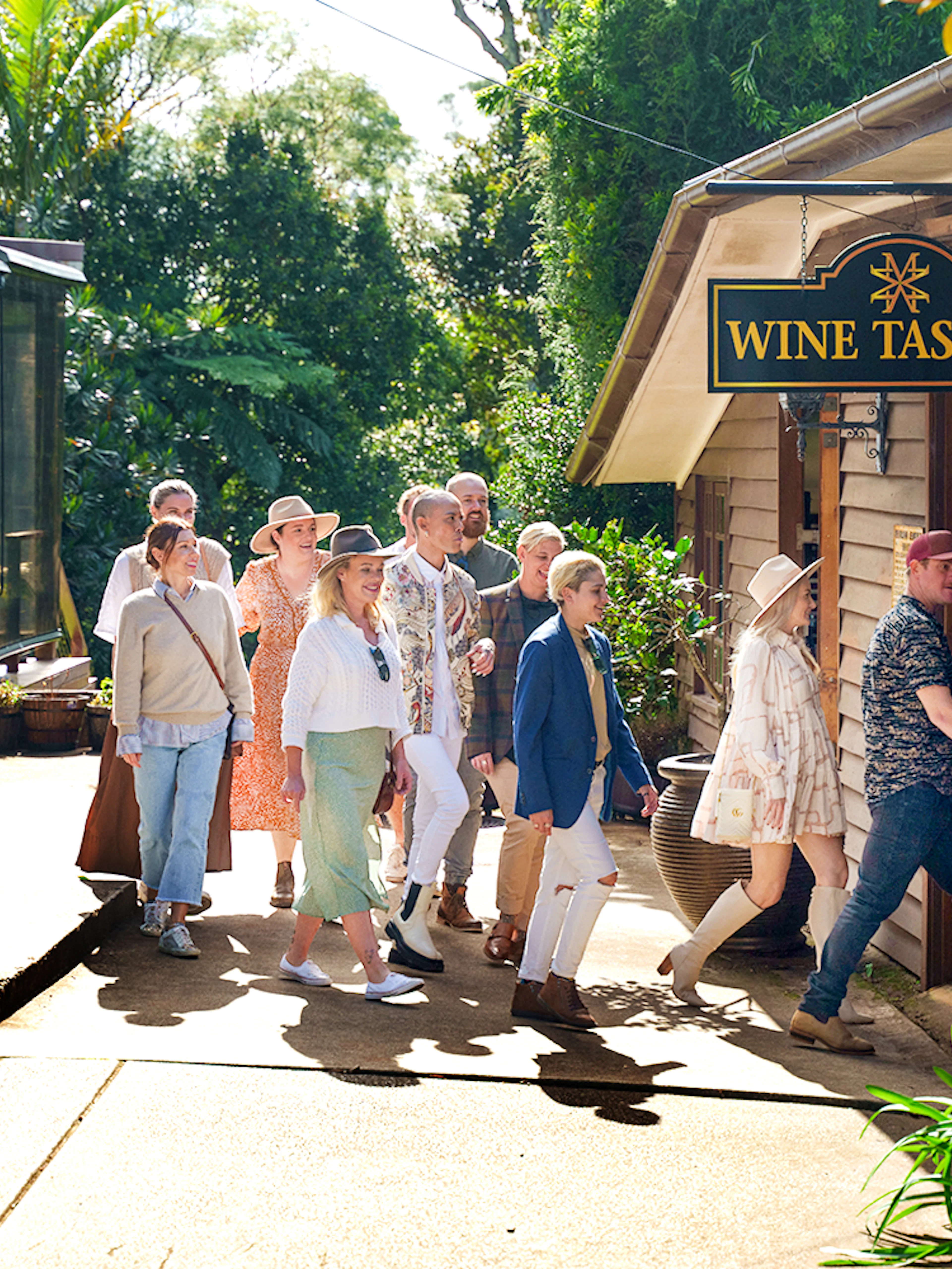 Group entering Mason Wines for tasting on Gold Coast winery tour.