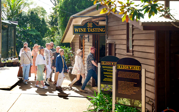 Group entering Mason Wines for tasting on Gold Coast winery tour.