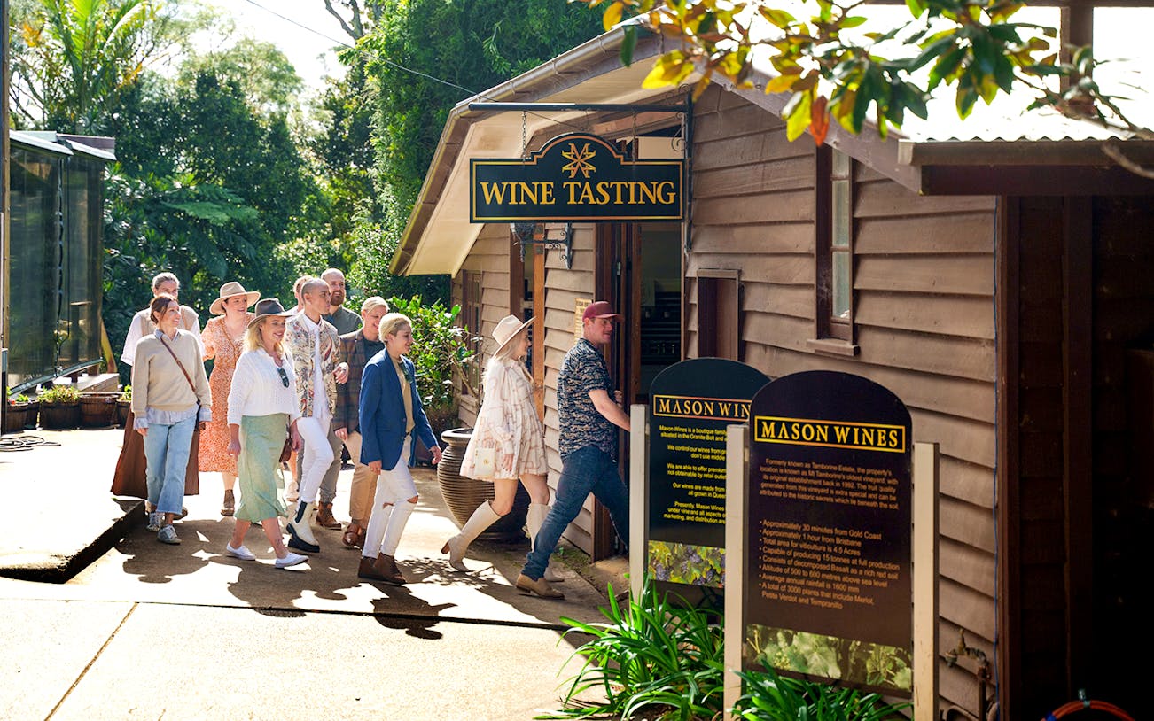 Group entering Mason Wines for tasting on Gold Coast winery tour.