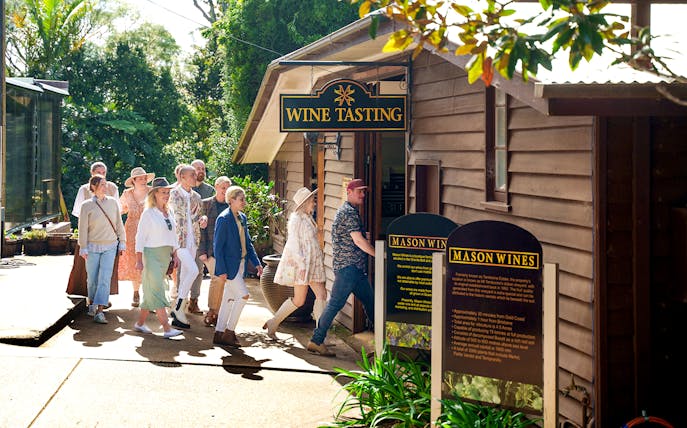 Group entering Mason Wines for tasting on Gold Coast winery tour.