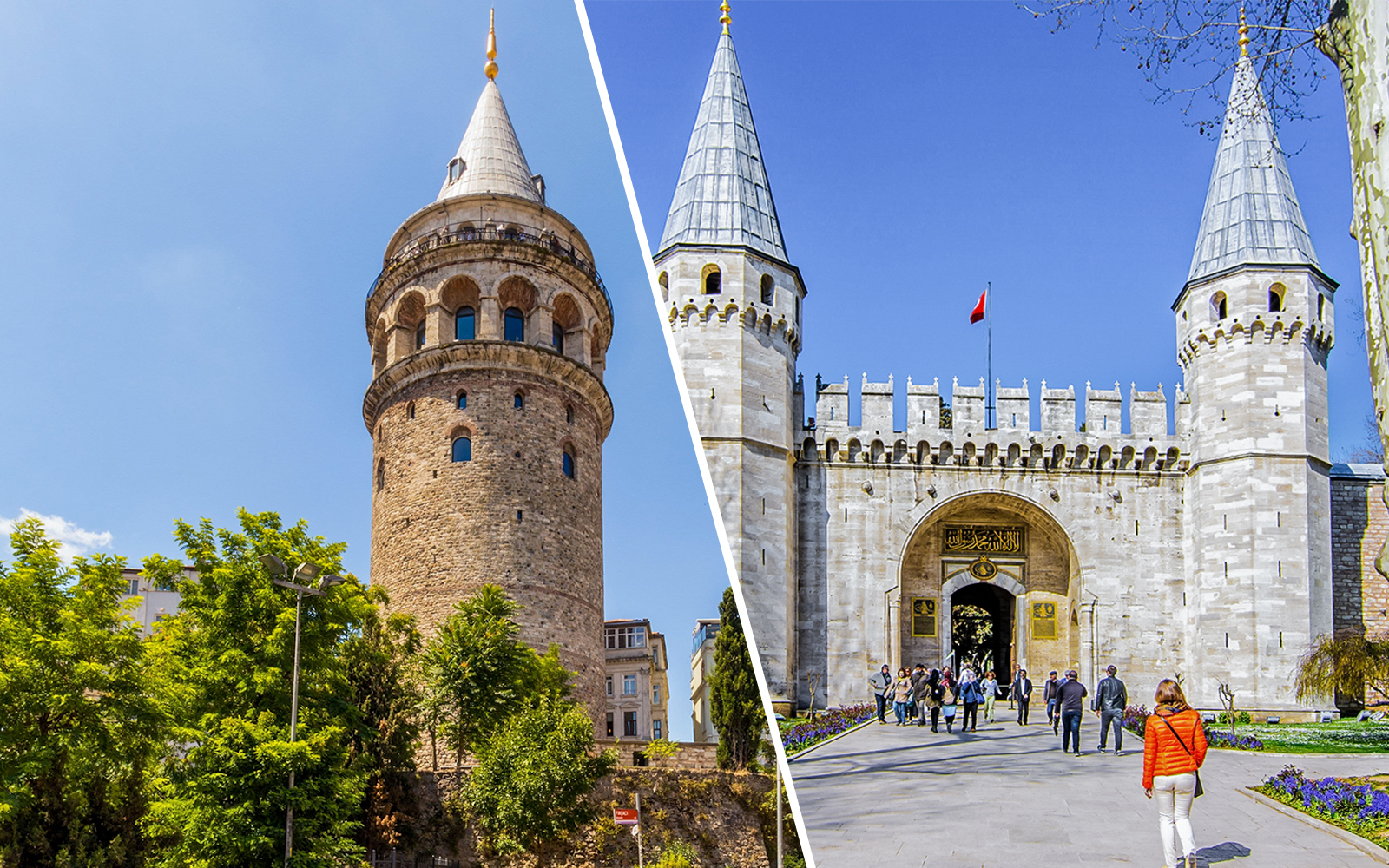 Galata Tower and Topkapi Palace entrance in Istanbul, Turkey.