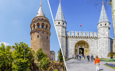 Galata Tower and Topkapi Palace entrance in Istanbul, Turkey.