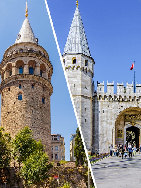 Galata Tower and Topkapi Palace entrance in Istanbul, Turkey.