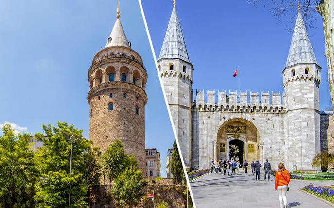 Galata Tower and Topkapi Palace entrance in Istanbul, Turkey.