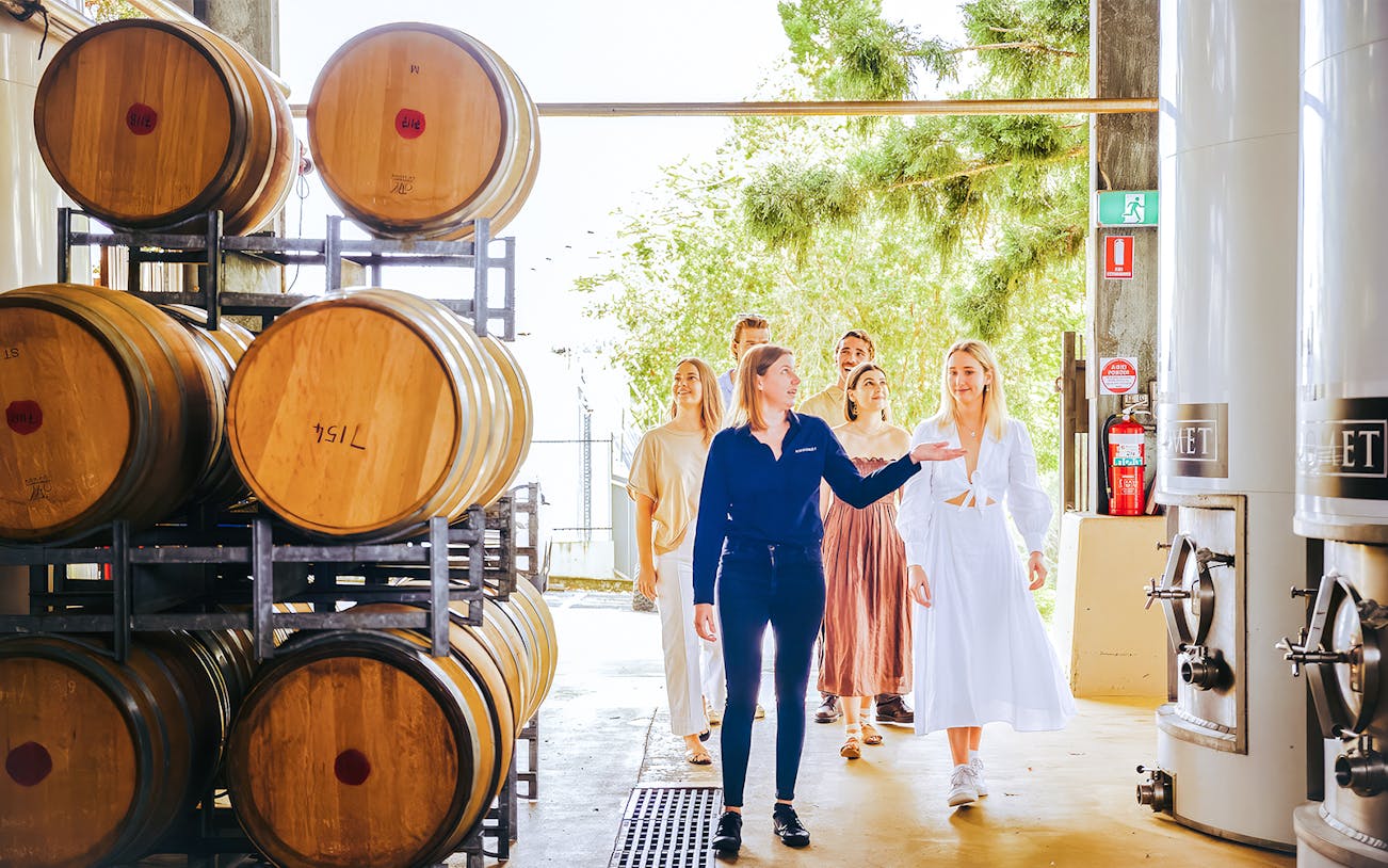 Group touring a winery with guide, passing wine barrels and fermentation tanks.