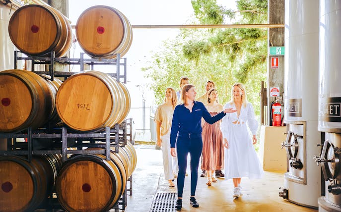 Group touring a winery with guide, passing wine barrels and fermentation tanks.