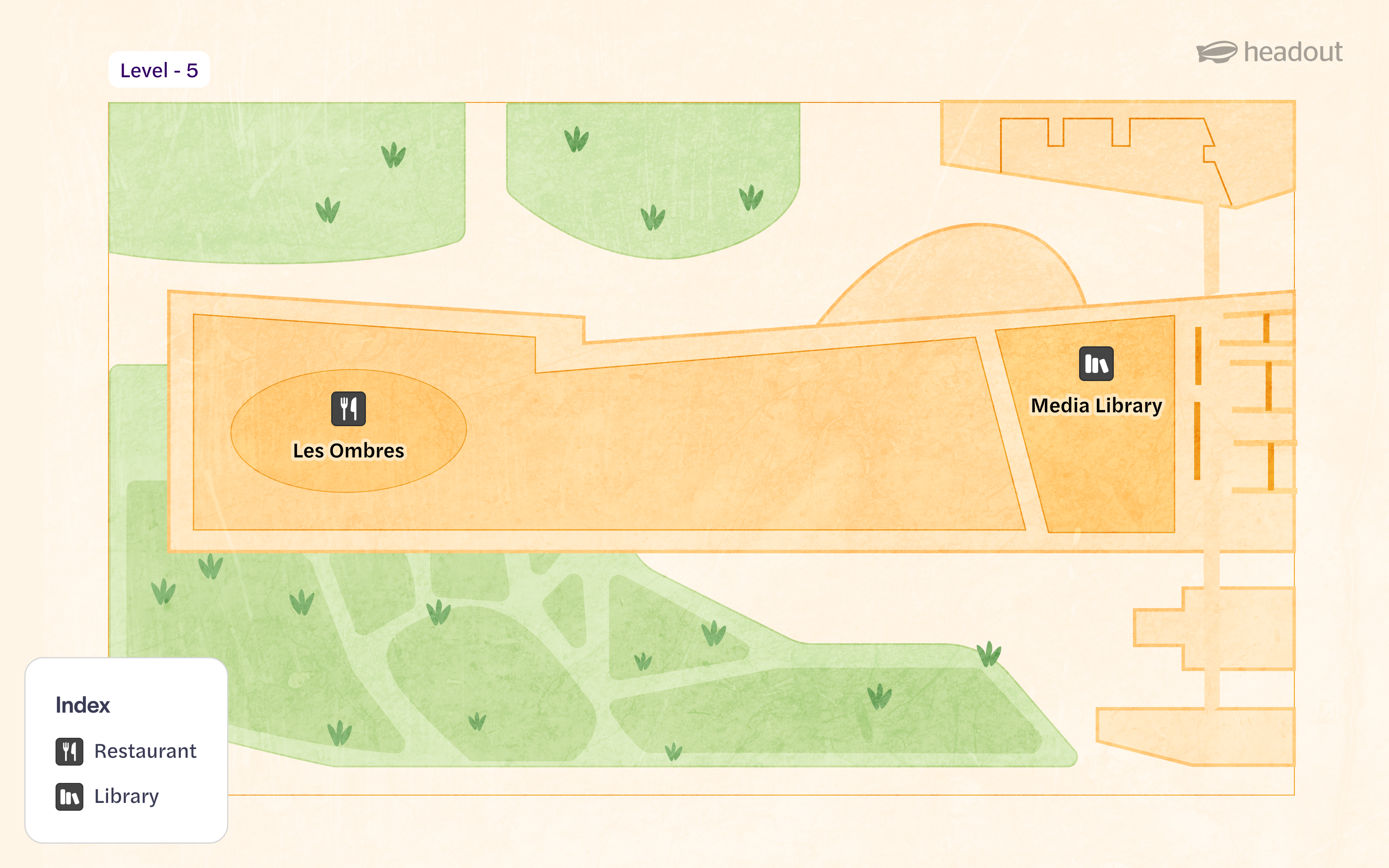 Level 5 map of Quai Branly Museum showing Les Ombres restaurant and Media Library.