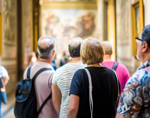 Visitors admiring frescoes in the Raphael Rooms, Vatican City.