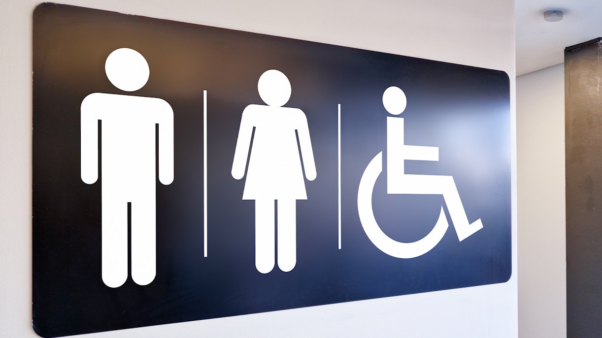 Restroom sign with symbols for men, women, and wheelchair accessibility.