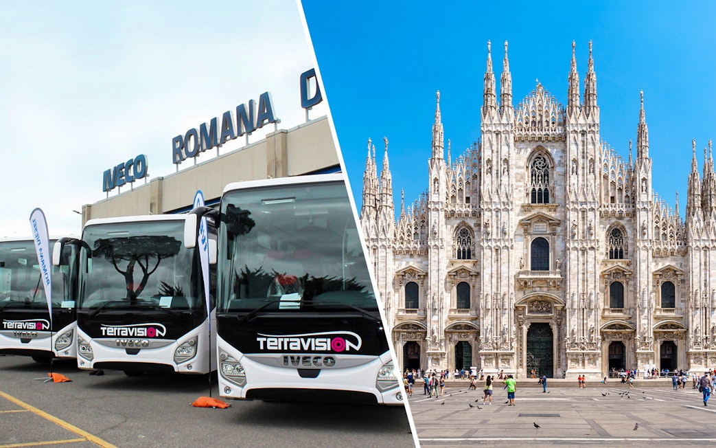 Terravision buses at Bergamo Airport and Duomo Milan Cathedral.