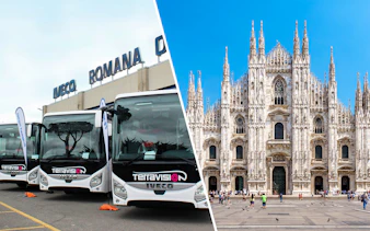 Terravision buses at Bergamo Airport and Duomo Milan Cathedral.