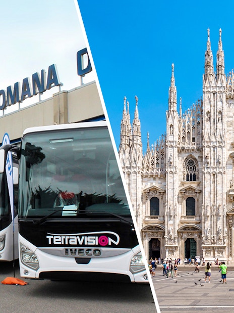 Terravision buses at Bergamo Airport and Duomo Milan Cathedral.
