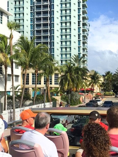 Open-top bus tour through Miami with palm trees and high-rise buildings.