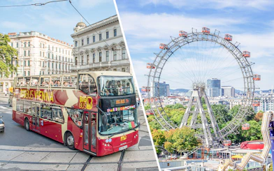 Vienna Hop-On Hop-Off bus and Giant Ferris Wheel against cityscape.
