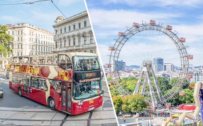 Vienna Hop-On Hop-Off bus and Giant Ferris Wheel against cityscape.