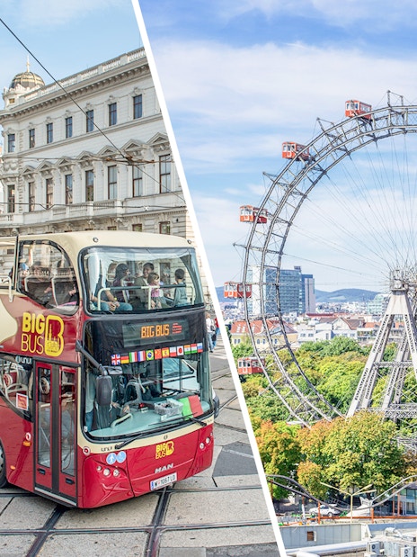 Vienna Hop-On Hop-Off bus and Giant Ferris Wheel against cityscape.