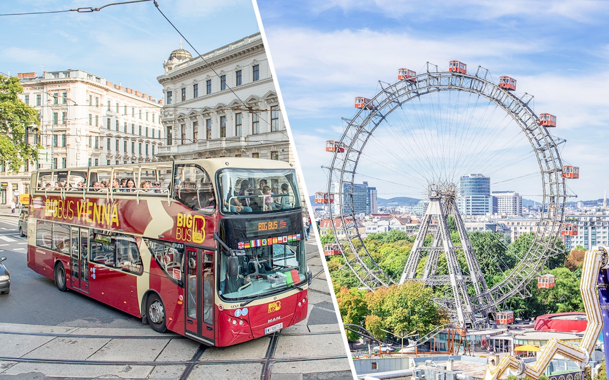 Vienna Hop-On Hop-Off bus and Giant Ferris Wheel against cityscape.