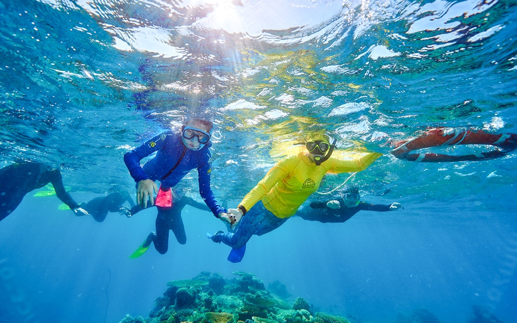 Snorkelers exploring coral reefs near Fitzroy and Green Islands.