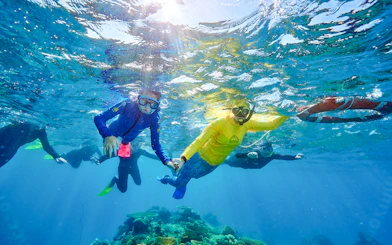 Snorkelers exploring coral reefs near Fitzroy and Green Islands.