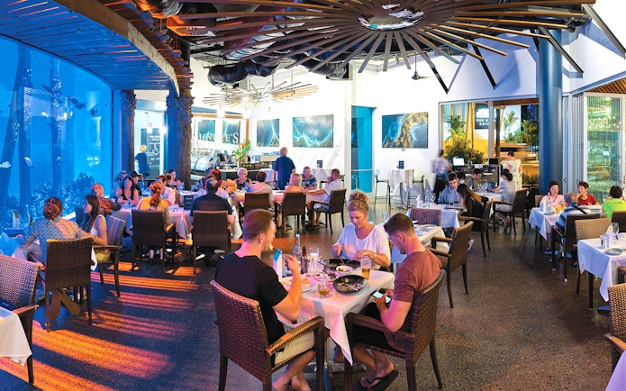Dining area at Cairns Aquarium by Twilight with guests enjoying meals near large aquarium display.