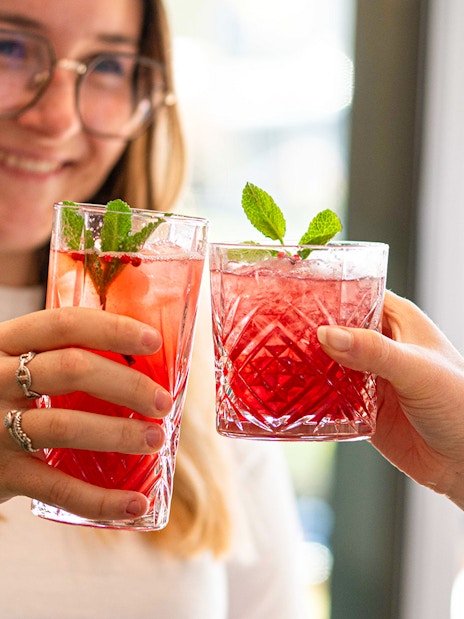 Guests toasting with red cocktails at Flora Danica, Champs Elysées, Paris.