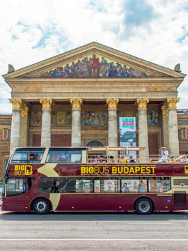 Open-top Big Bus Budapest in front of the Hungarian Art Museum.