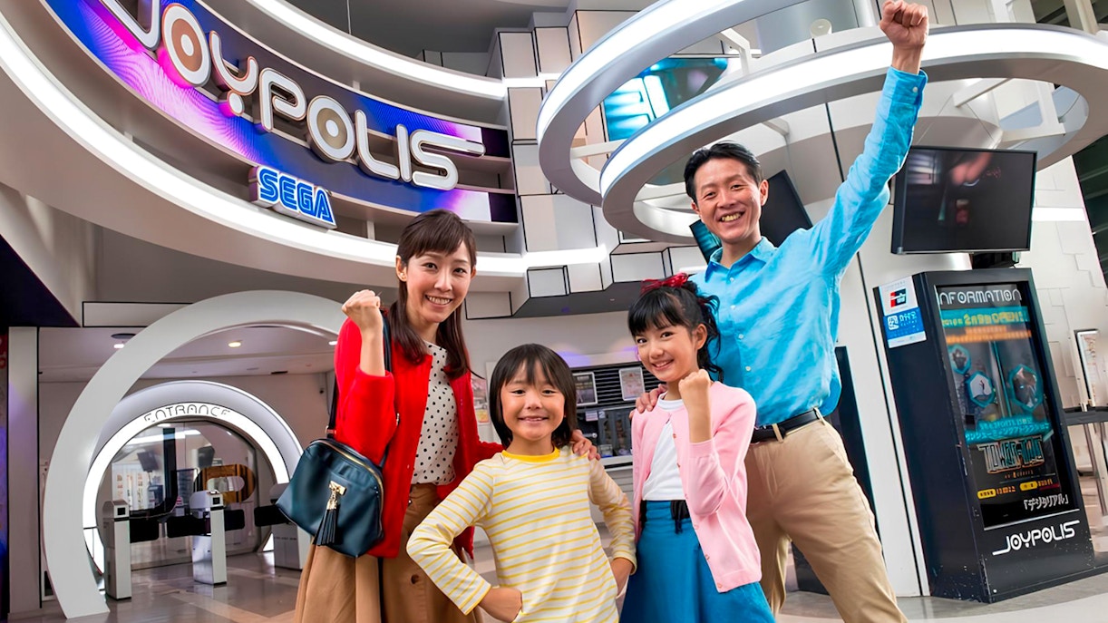 Joypolis entrance with a family enjoying the Tokyo Skytree 350M observation deck tour.