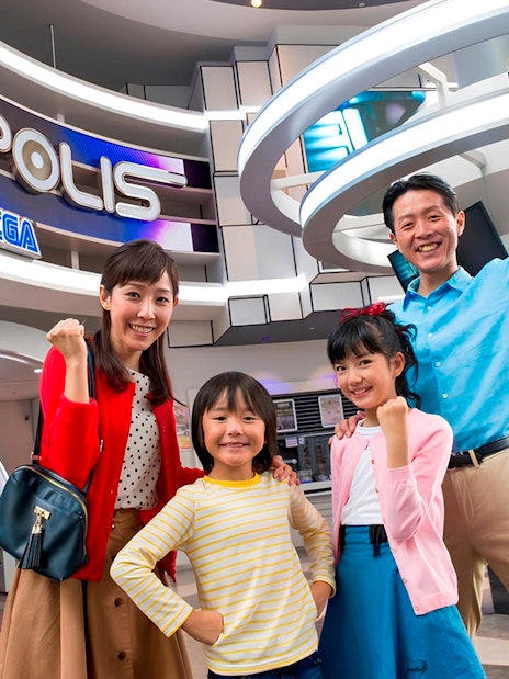 Joypolis entrance with a family enjoying the Tokyo Skytree 350M observation deck tour.