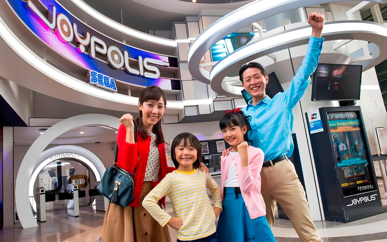 Joypolis entrance with a family enjoying the Tokyo Skytree 350M observation deck tour.