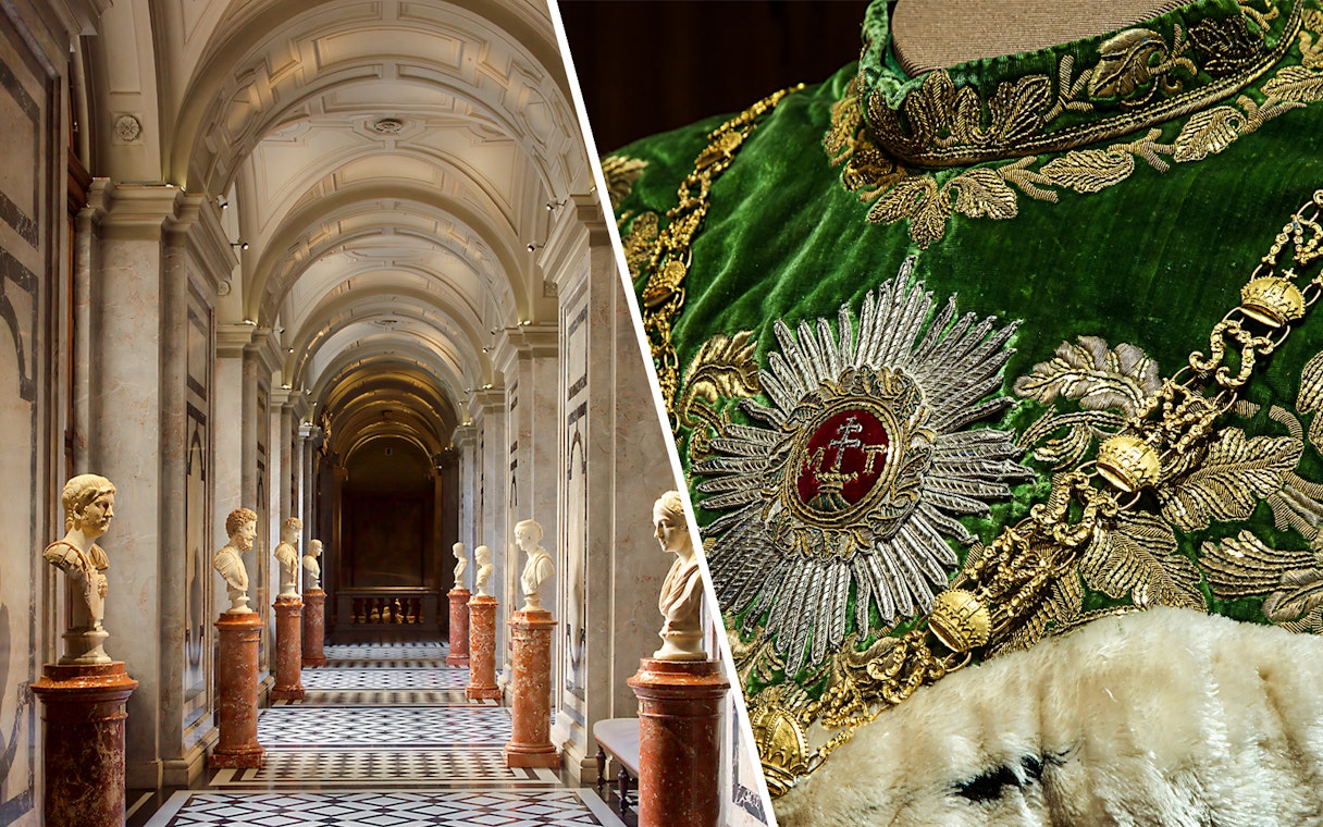 Kunsthistorisches Museum hallway with marble busts and Imperial Treasury ornate green robe.