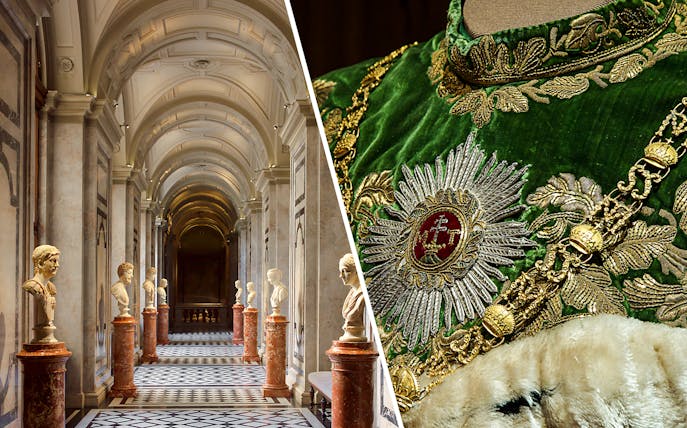 Kunsthistorisches Museum hallway with marble busts and Imperial Treasury ornate green robe.