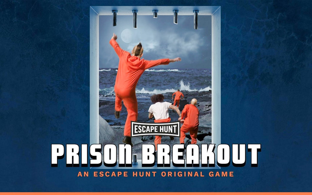 Escape room poster showing prisoners escaping towards the sea, Dubai.