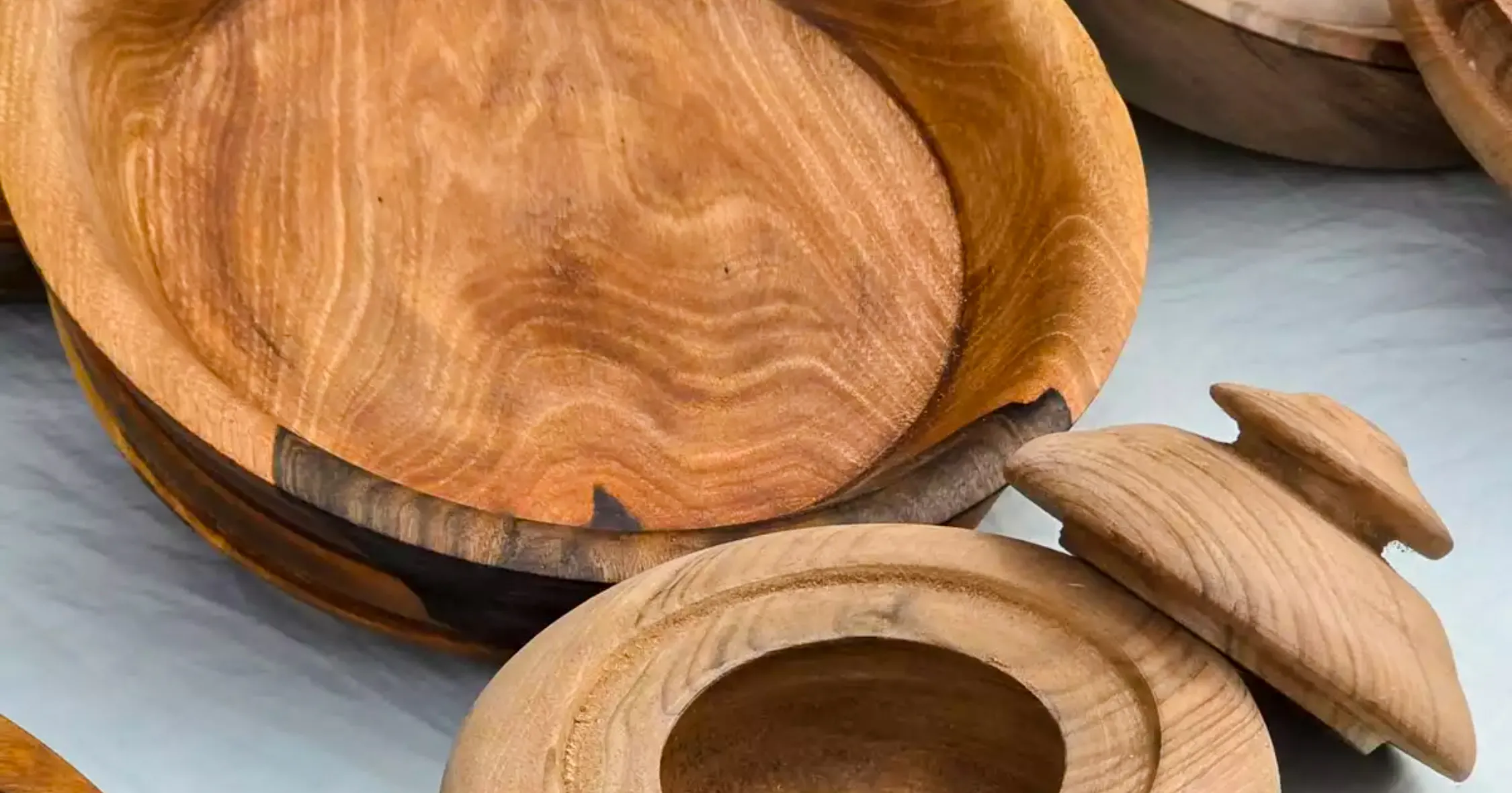 Wooden bowls and lids crafted at a kitchen woodwork workshop in Al Haouz, Marrakesh.