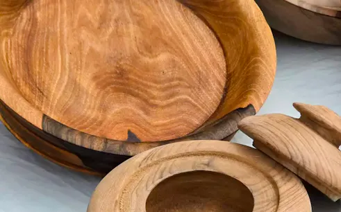 Wooden bowls and lids crafted at a kitchen woodwork workshop in Al Haouz, Marrakesh.