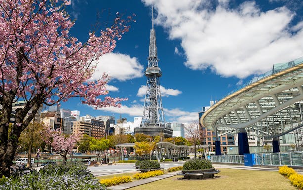 Nagoya TV Tower and cherry blossoms near Central Japan International Airport railway.