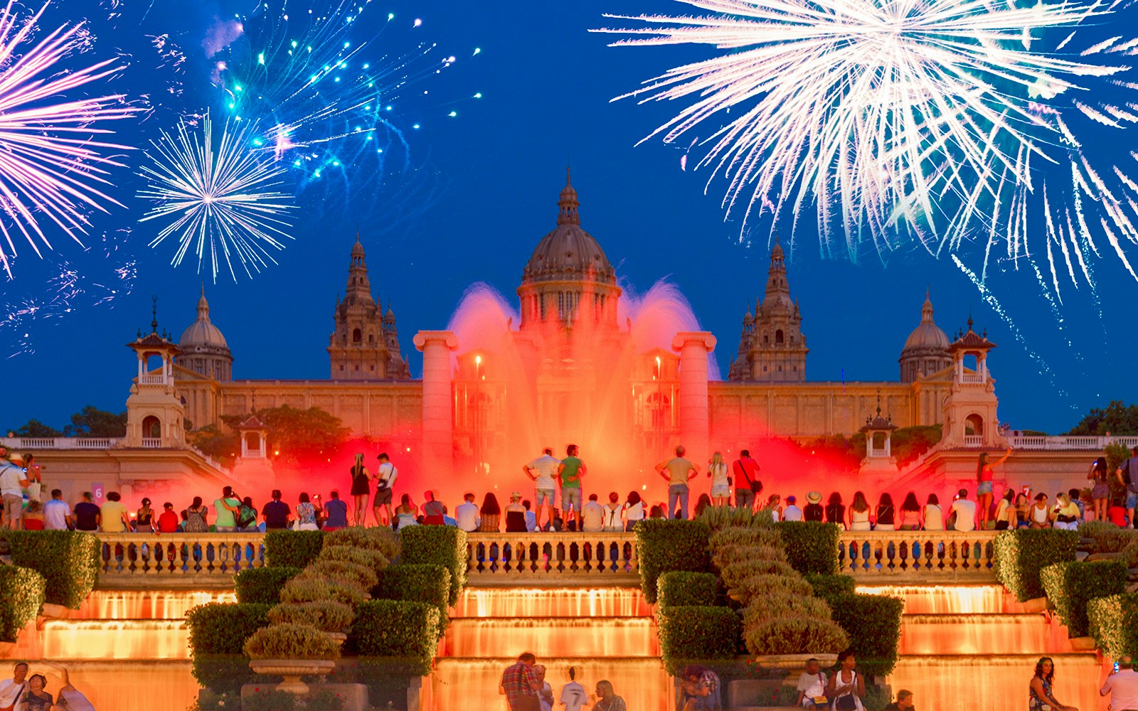 Magic Fountain of Montjuïc in Barcelona illuminated during New Year's Eve celebration.