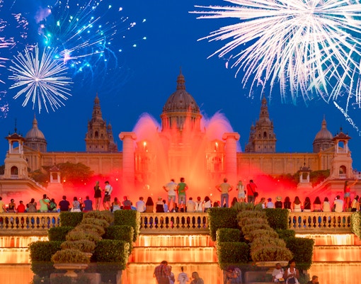 Magic Fountain of Montjuïc with fireworks on New Year's Eve, Barcelona.