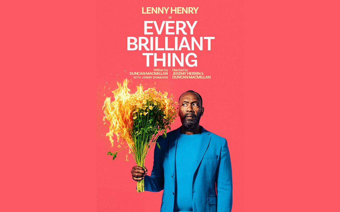 Man in blue suit holding flaming bouquet, promoting "Every Brilliant Thing.